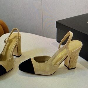 YDN Beige and Black Slingback Heels